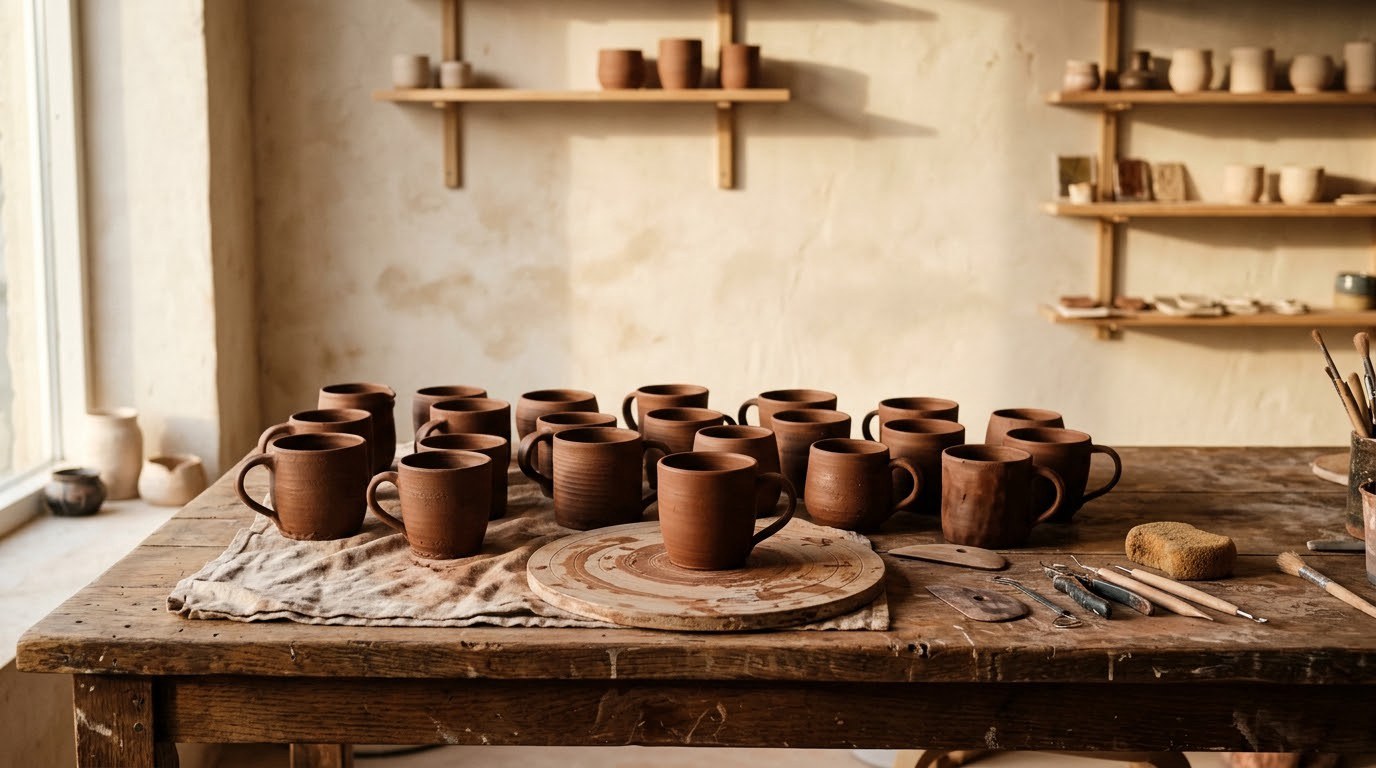 Ceramic coffee-cup studio workbench