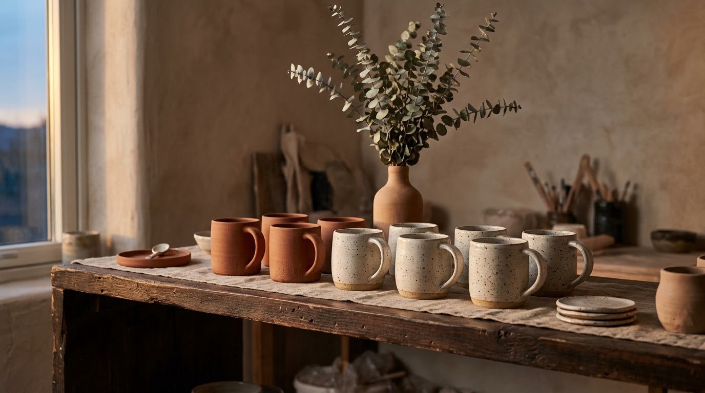 Studio shelf of terracotta mugs at dusk
